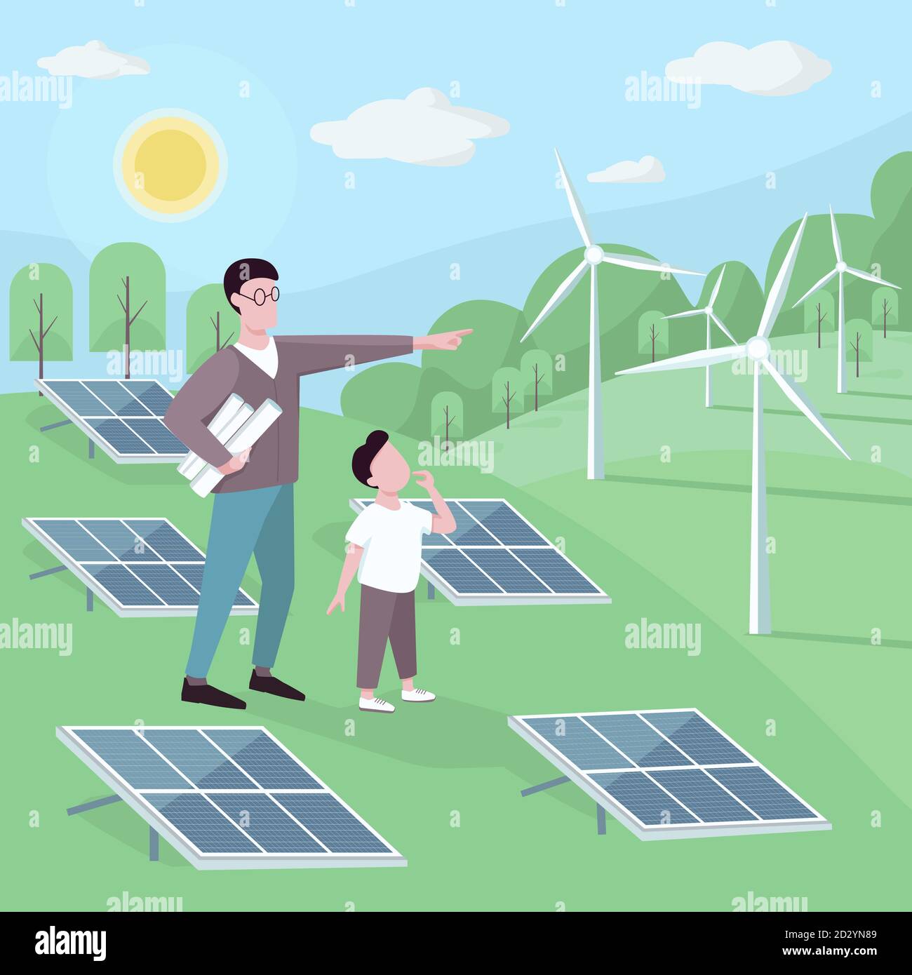 Father and son at alternative energy station flat color vector ...