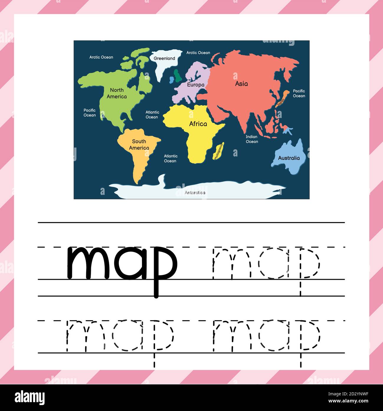 Trace the word Map. Educational worksheet for kids. Tracing practice