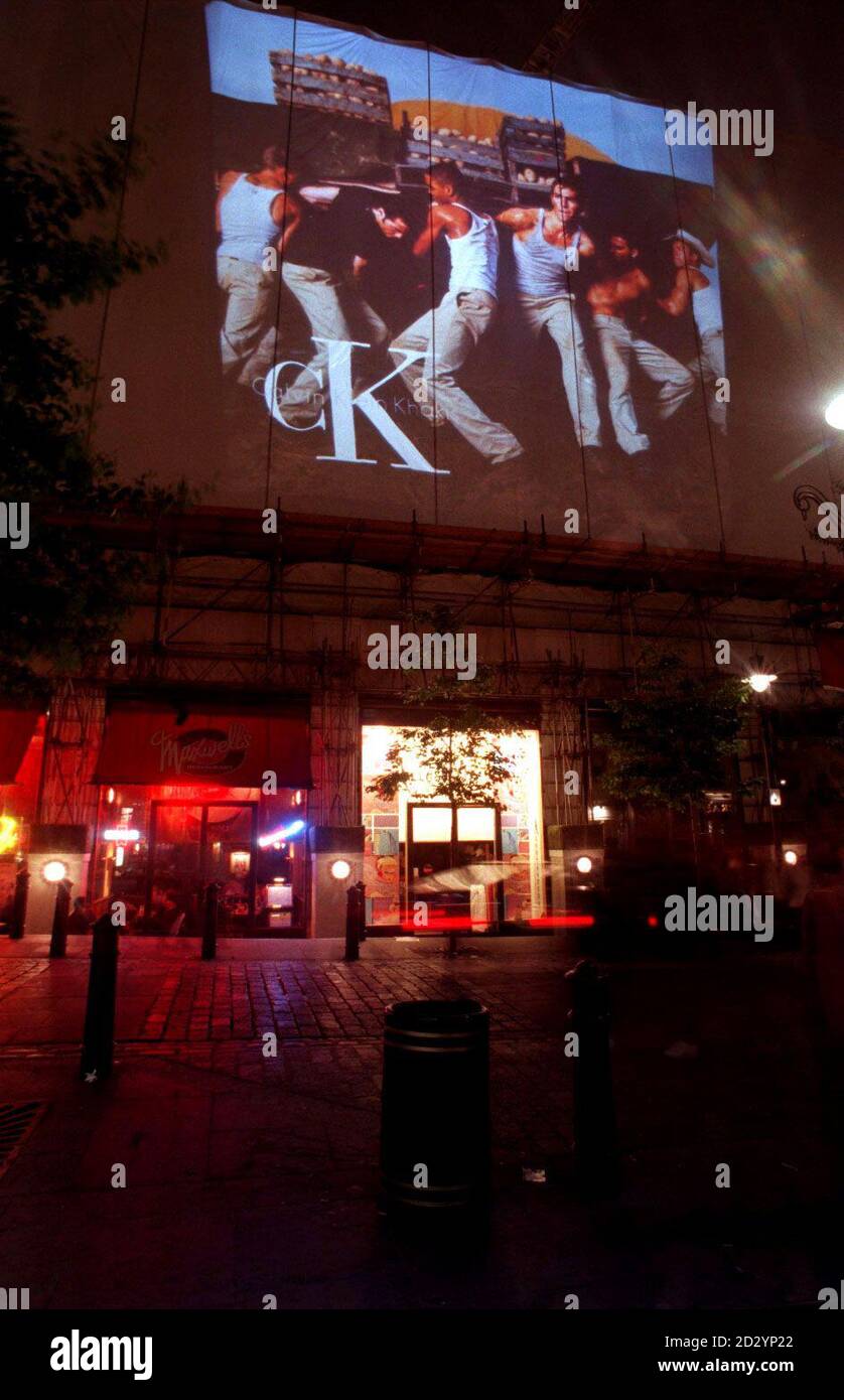 THE FASHION HOUSE CALVIN KLEIN LAUNCH THEIR NEW ADVERTISING CAMPAIGN BY PROJECTING THE ADVERT ON THE SIDE OF THE ROYAL OPERA HOUSE IN LONDON'S COVENT GARDEN, WHICH IS CURRENTLY BEING REBUILT. Stock Photo
