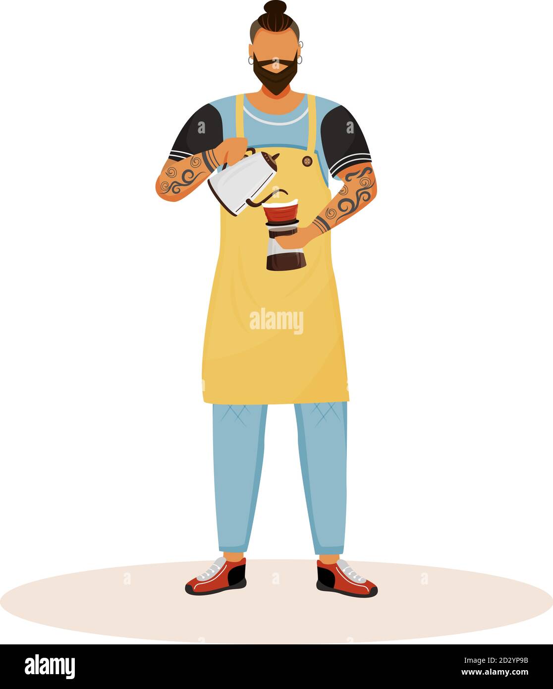 Barista with beard flat color vector faceless character. Man making