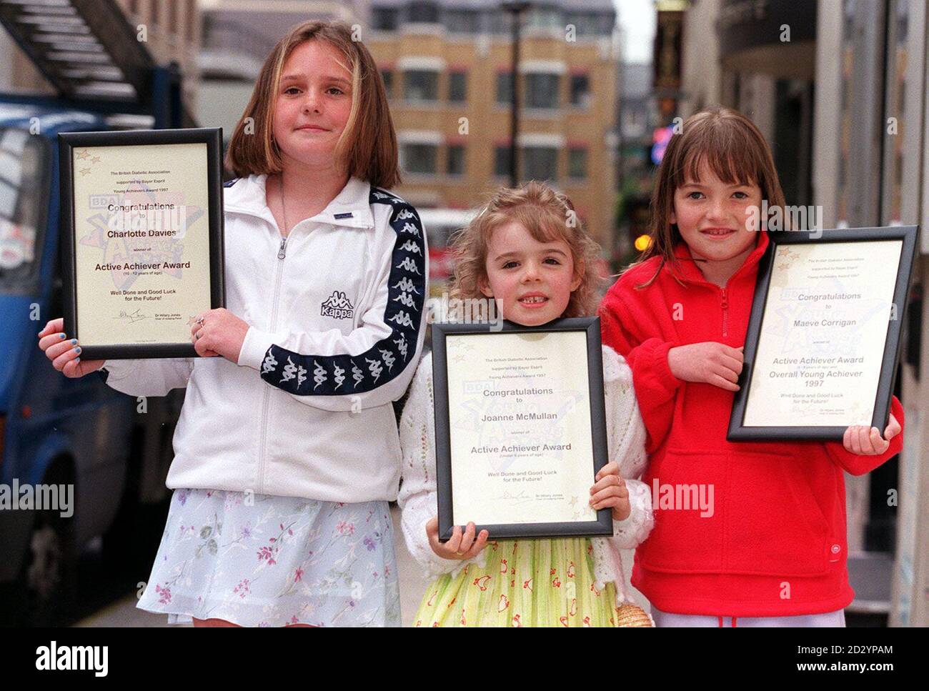 Three Young Achievers winners Charlotte Davies, 11,  (left to right) Joanne McMullan, 6, and Maeve Corrigan,8, after the presentation of the award by the British Diabetic Association today (Thursday).  Photo by Peter Jordan/PA. Stock Photo