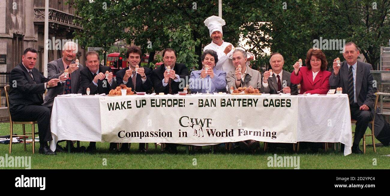 MPs tuck into organic free-range eggs for breakfast, prepared by chef John Callaghan, at the QEII Centre in Westminster today (Wed), as MPs from all parties supported the campaign by Compassion in World Farming to end the battery cage system for hens. L to r: Vernon Coaker, Nigel Jones, Roger Gale, Tom Brake, Ivor Caplin, Jackie Ballard, Nick Palmer, Bill Etherington, Jackie Lawrence, Peter Bottomley. See PA story POLITICS Eggs. Photo by Tony Harris/PA Stock Photo