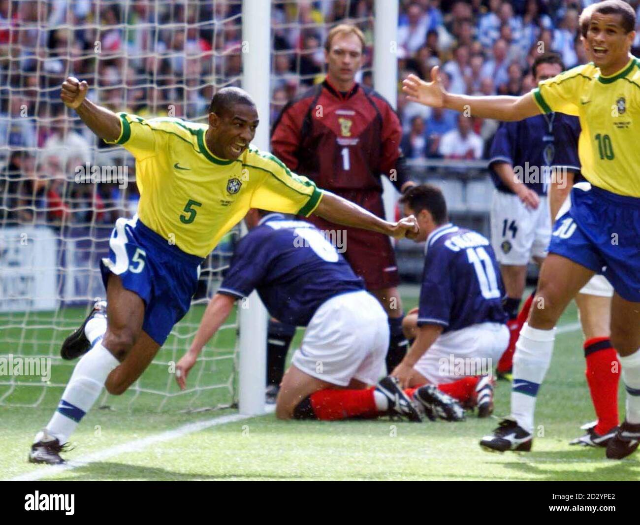 Brazil's Cesar Sampaio scores the first gaol in the opening World Cup match against Scotland.  EDI Photo by Chris Bacon/PA Stock Photo