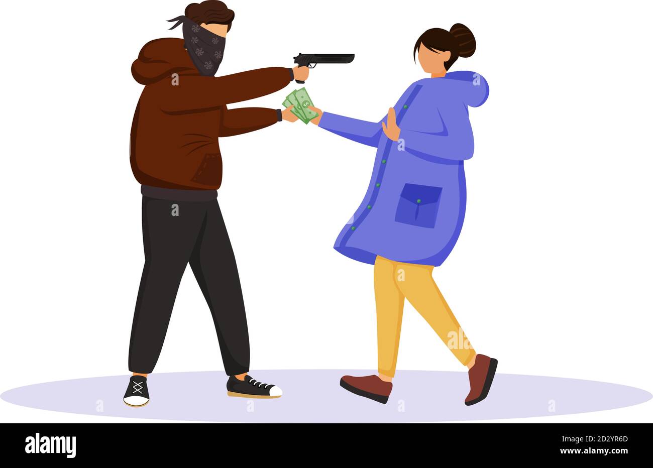Armed street robbery flat color vector faceless character. Burglar threatening woman with gun. Thief stealing cash from person. Masked criminal Stock Vector