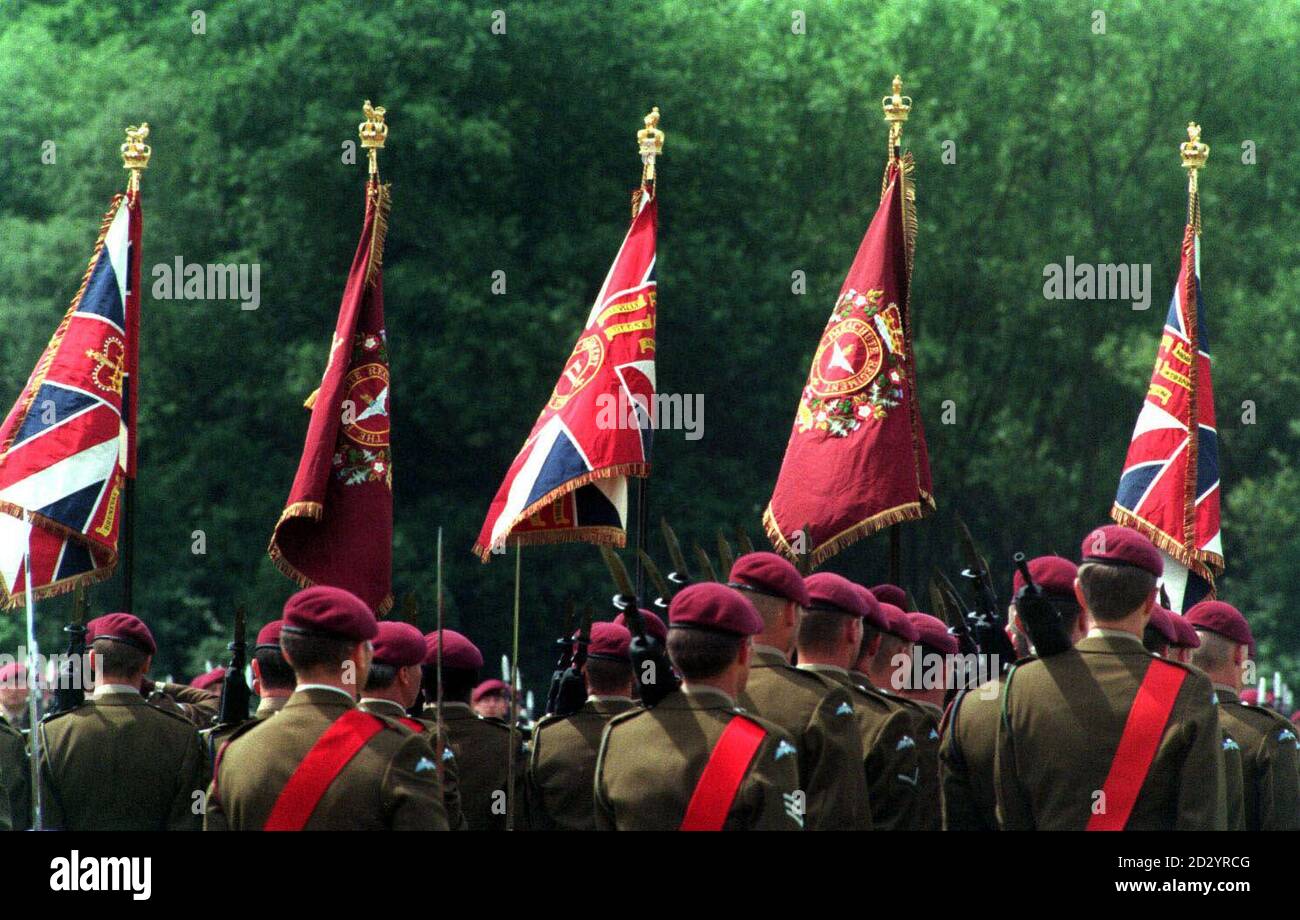THE PARACHUTE REGIMENT ON PARADE FOR THE PRESENTATION OF NEW COLOURS BY THE PRINCE OF WALES, AT THEIR HEADQUARTERS IN ALDERSHOT. Stock Photo