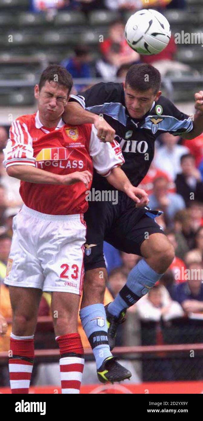 Lazio's Dejan Stankovic (right) and St Patrick's Robbie Devereux in action during the Carlsberg Tournament at Lansdowne Road this afternoon (Saturday). PA Photos. Stock Photo