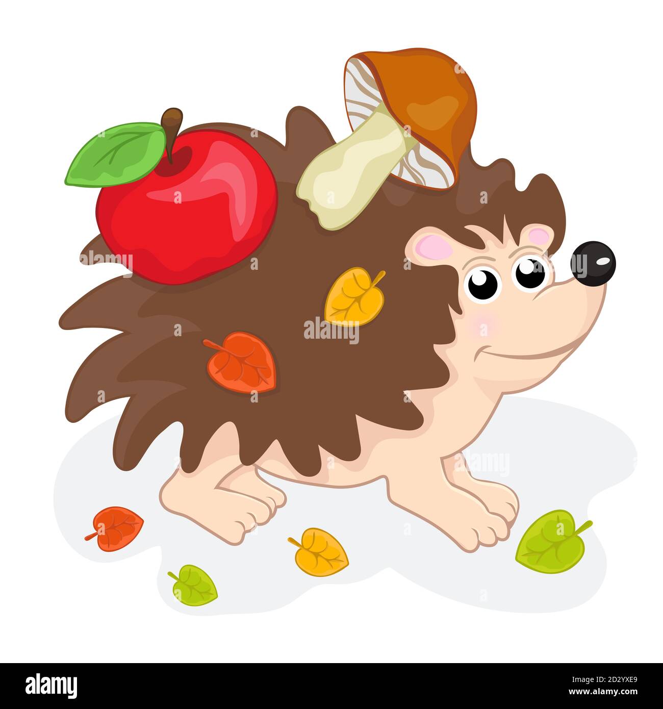Cute funny hedgehog, cartoon hand drawing. Sweet urchin carrying apples and mushrooms on his back, forest animal with needles isolated on white Stock Vector