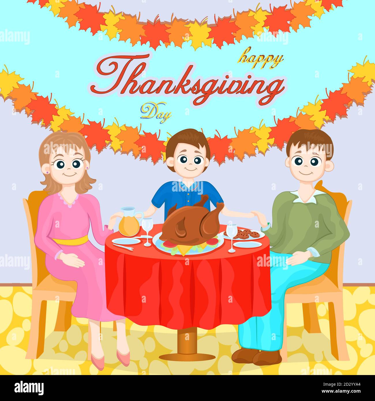 Thanksgiving Family Gala Dinner, colorful cartoon hand drawing. Mom, dad  and son are sitting behind a table covered with festive treats and turkey  hol Stock Vector Image & Art - Alamy