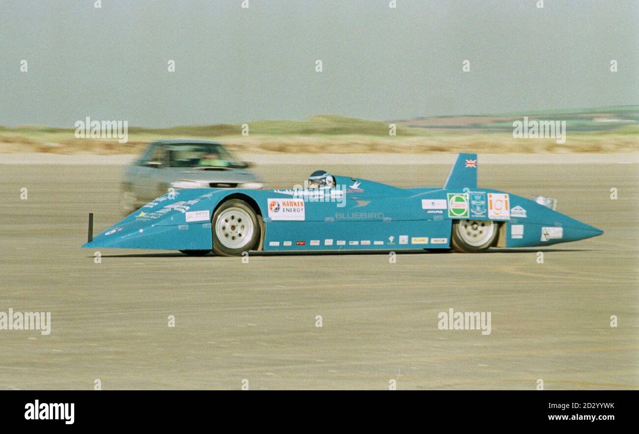 Don Wales makes his record attempt in the Bluebird Electric at Pendine Sands, West Wales today (Sunday). His attempt to set a new international speed record for electric cars failed, although he clocked an impressive 126mph on one run, he could not qualify for a record because the car cut out as he began the return journey along the measured mile. PA Photos. See PA story SOCIAL Bluebird Stock Photo