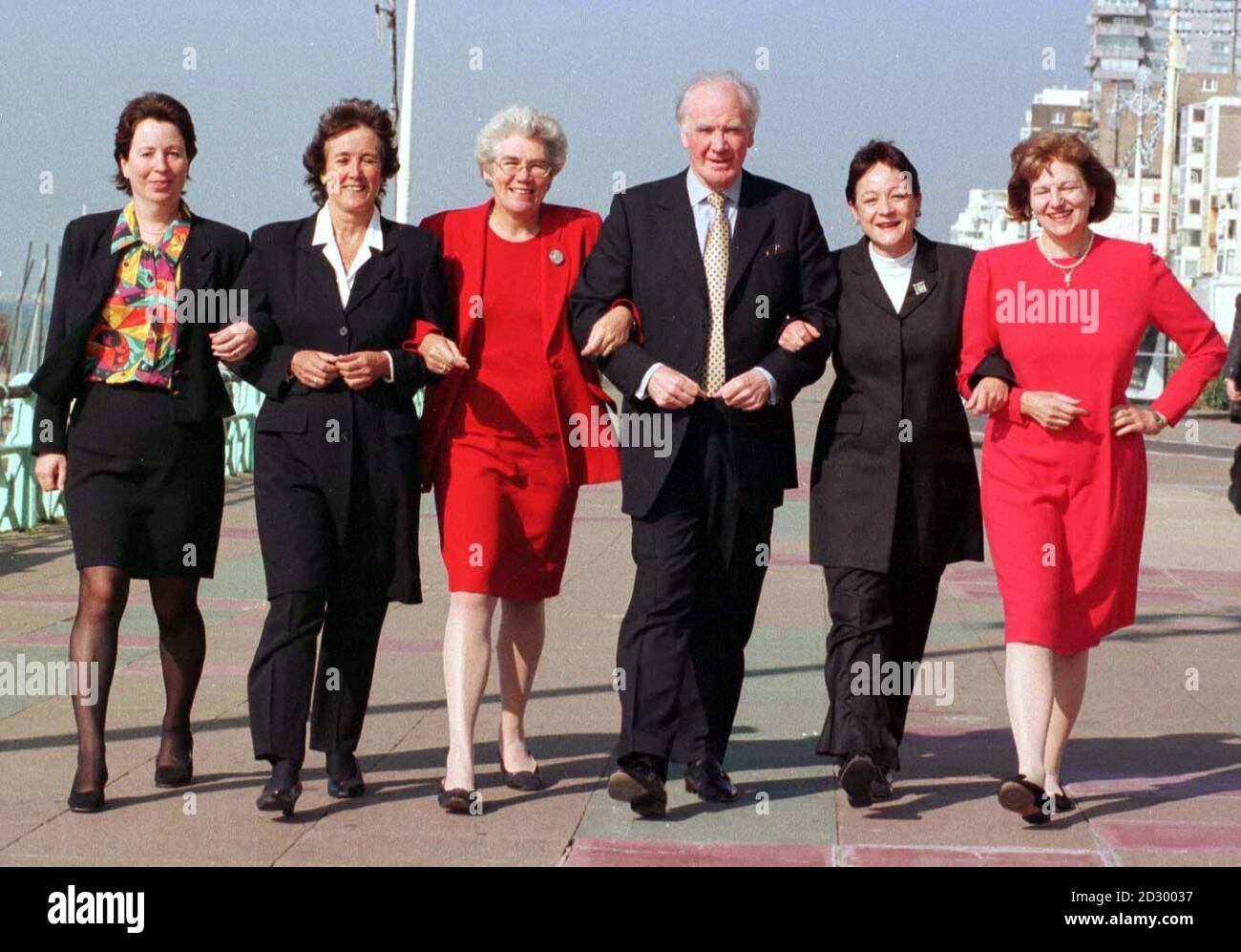 Baroness Maddock and Menzies Campbell MP (centre) and four top women on the Liberal Democrats Euro Elections shortlist.  Left to Right DianaWallis, Liz Lynne, Baroness Maddock, Menzies Campbell, Baroness Ludford, and Baroness Emma Nickolson.  See PA story LIBDEM Euro.  Photo by Michael Stephens/PA Stock Photo