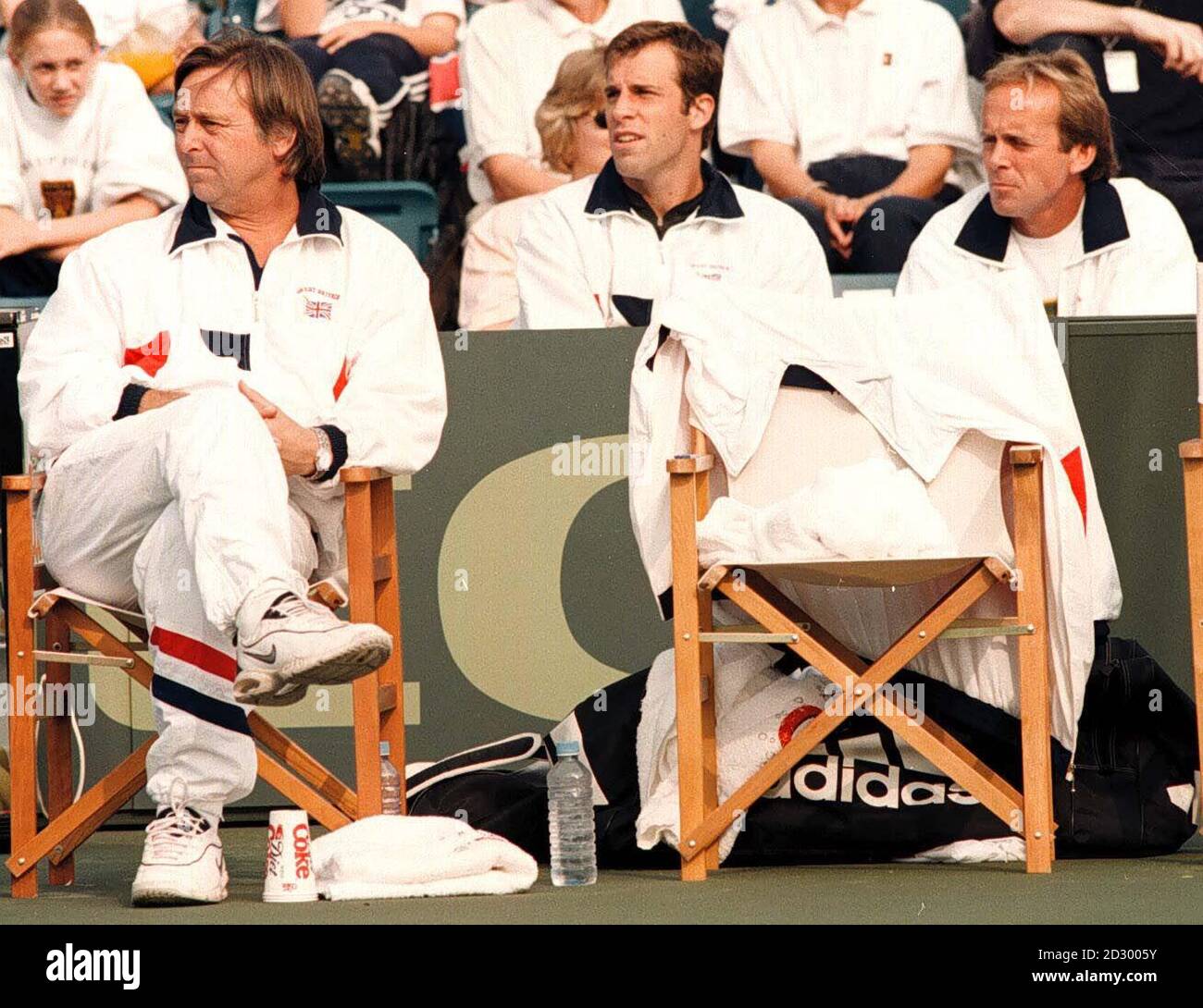 From left: David Lloyd, Greg Rusedski and John Lloyd watch the doubles  Davis Cup match between Great Britain v India at the Nottingham Tennis  Centre today (Sat). PHOTO:RUI VIEIRA/PA Stock Photo -