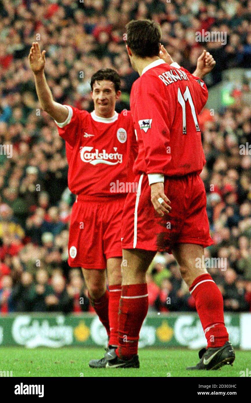 This picture may only be used within the context of an editorial feature. Liverpool's Jamie Redknapp (right) salutes team mate Robbie Fowler, after he scored a hat trick against Southhampton during their FA Premiership clash at Anfield which Liverpool won 7-1. Stock Photo
