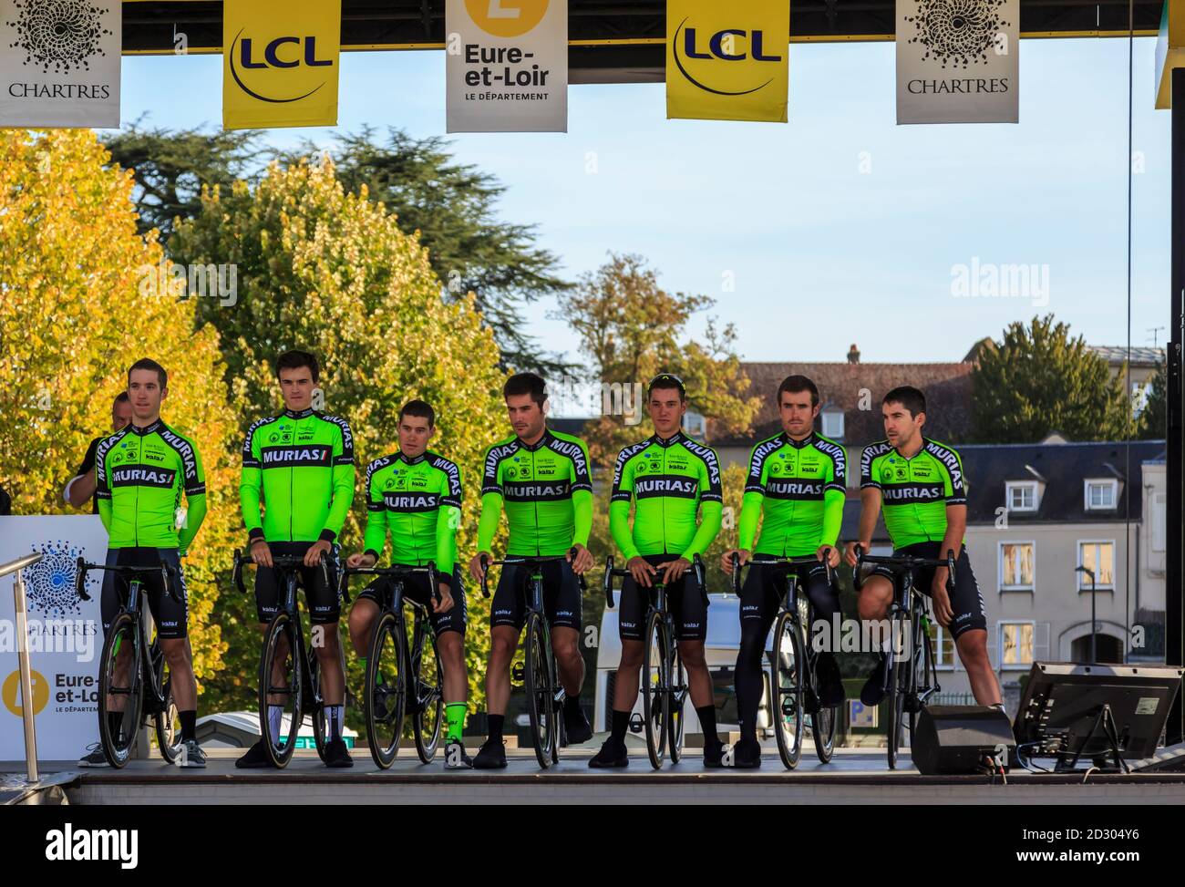 Chartres, France - October 13, 2019: Team Euskadi Basque Country-Murias is on the podium in Chartres, during the teams presentation before the autumn Stock Photo