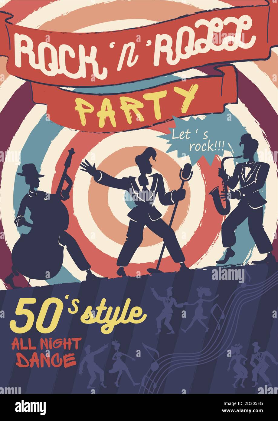 Rock n roll poster flat vector template. Retro style party invitation. Brochure, booklet one page concept design with cartoon characters. 50s show Stock Vector