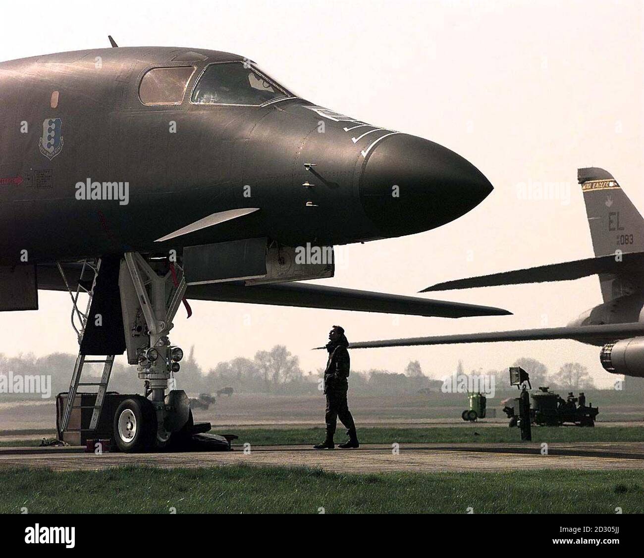 An American B1 bomber of the 77th Bomber squadron at RAF Fairford in Gloucestershire, on the day of its arrival from South Dakota.    * Kosovo. NATO. Serbia. Operation Allied Force. Stock Photo
