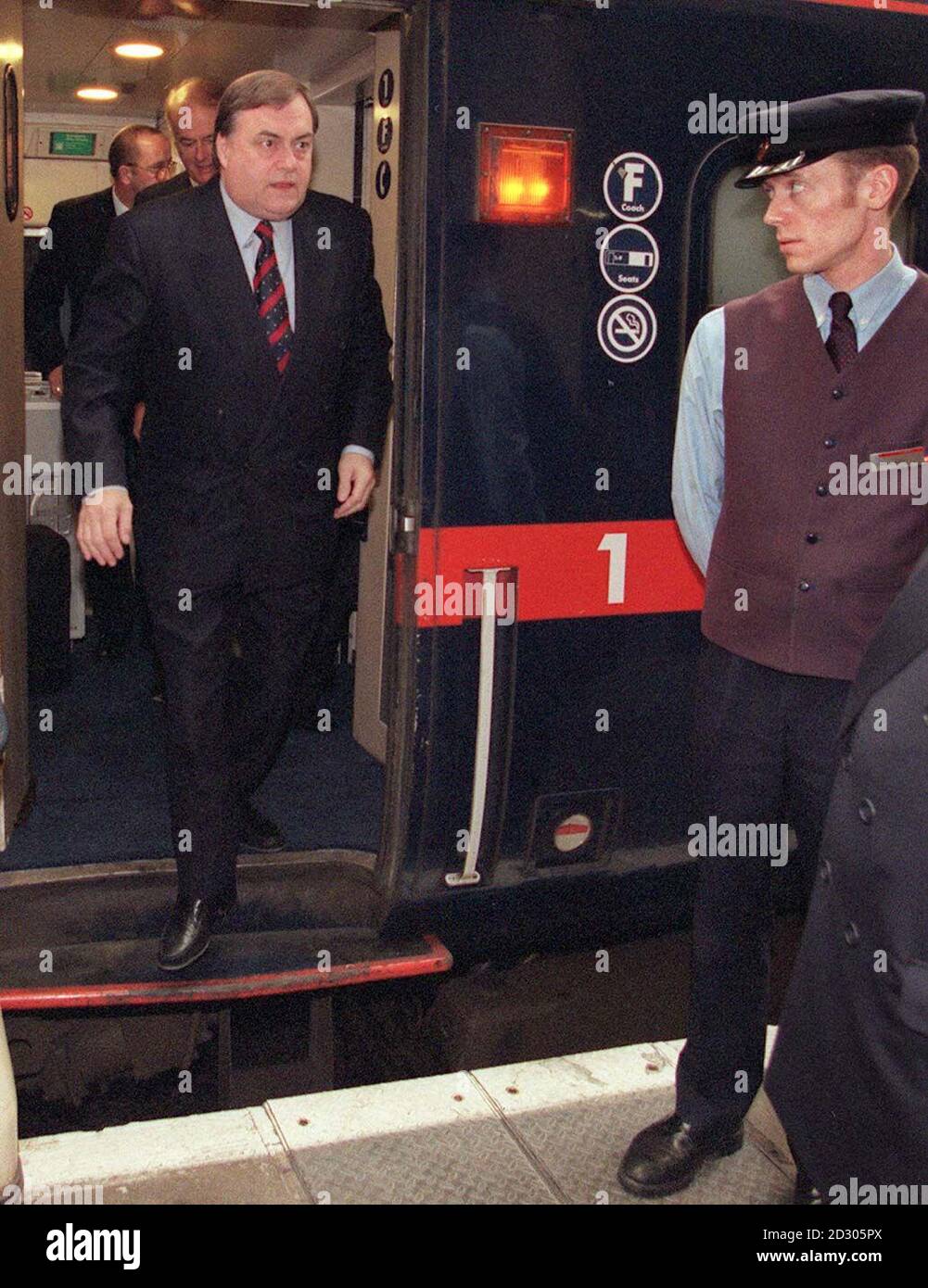 Deputy P.M. John Prescott arrives at London's King's Cross Station, after travelling from Peterborough with members of the new shadow Strategic Rail Authority. 7/7/99: Expected to introduce Bill - penalties for poor performance by Railtrack and train companies   *Expected that train companies & Railtrack which fail to meet performance targets will be forced to pay instant fines of up to 1million pounds. Stock Photo