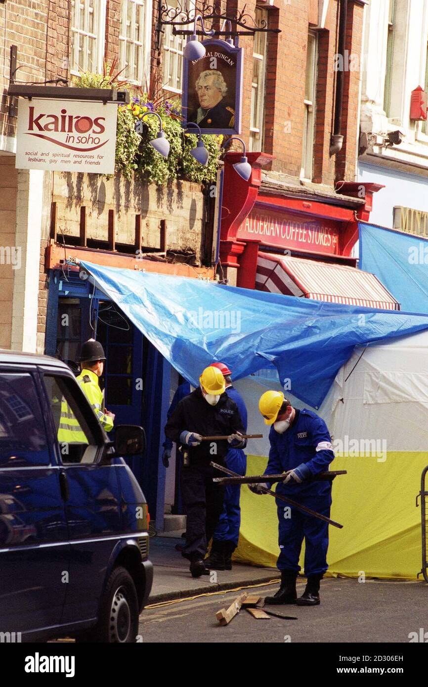 30th APRIL:  On this day in 1999 three people died after a nail bomb attack on the Admiral Duncan pub in Soho, London.  A large section of Soho was cordoned off, as forensic teams picked through the wreckage of the Admiral Duncan pub, in Old Compton Street, central London, following the nail bomb blast on April 30, 199, which left three  people dead and many injured or seriously wounded. Stock Photo