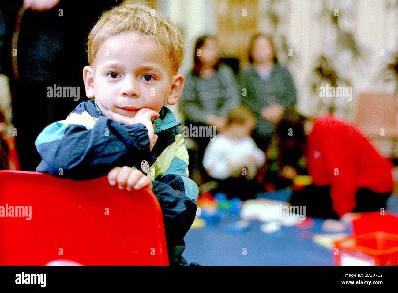 Ernest Maliqi, 4, one of a group of young Kosovar refugees flown from camps in Macedonia, joins other pupils in Clay Cross, Derbyshire, to start their first lessons at a British school. They were among a group of 169 refugees.  * who flew into East Midlands airport last month in the second wave of airlifts and have been staying at Stretton House, a former children s home near Alfreton. Special arrangements have been made for the children s first day by Derbyshire County Council, along with Refugee Action   the organisation looking after the families. Stock Photo