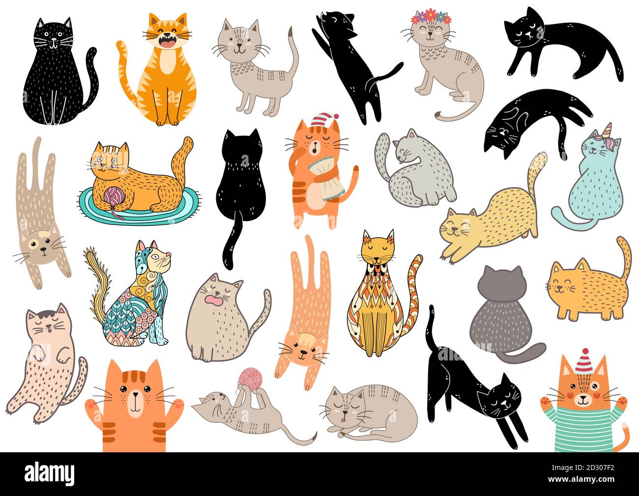 Funny cats big bundle. Cartoon cat characters in different poses set Stock Vector