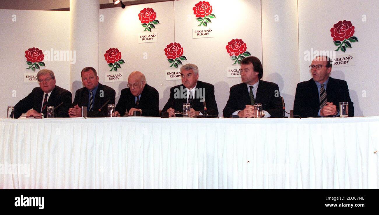 MAY 24th : On this day in 1999 Lawrence Dallaglio resigns as skipper of England Rugby team after allegations of drug taking.  A Rugby Union news conference in Twickenham, where a statement read on behalf of England skipper Lawrence Dallaglio announced his resignation from the post and his withdrawal from a forthcoming Australian tour after drug-taking allegations.  * From left: Club England chairman Frank Cotton, International Rugby Board representative Bill Beaumont,  RFU president Peter Trunkfield, chairman Brian Baister, chief executive Francis Baron and Test coach Clive Woodward. Stock Photo