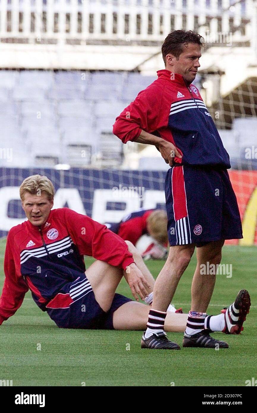 Bayern Munich's Lothar Mathiaus (R) and Steffan Effenberg loosen up at a training session at the Nou Camp stadium in Barcelona, prior to the European Cup final against Man United.  Stock Photo