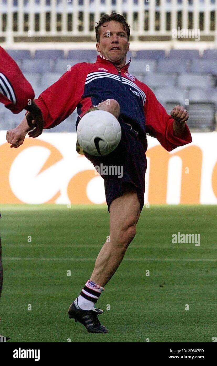 Bayern Munich's Lothar Mattihaus warms up during a training session at the Nou camp prior to the European Champions League final against Manchester united in Barcelona. Stock Photo