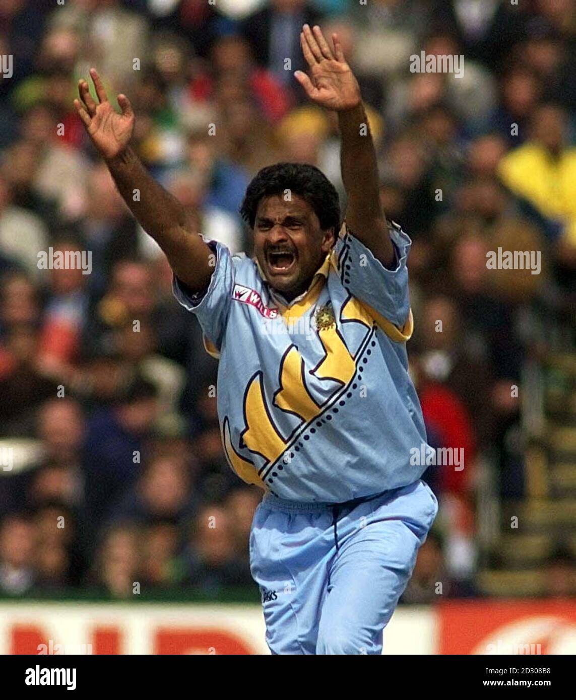 Indian bowler Javagal Srinath unsuccessfully appeals for a Pakistani wicket, during their Super Six Cricket World Cup match at Old Trafford, Manchester. Stock Photo