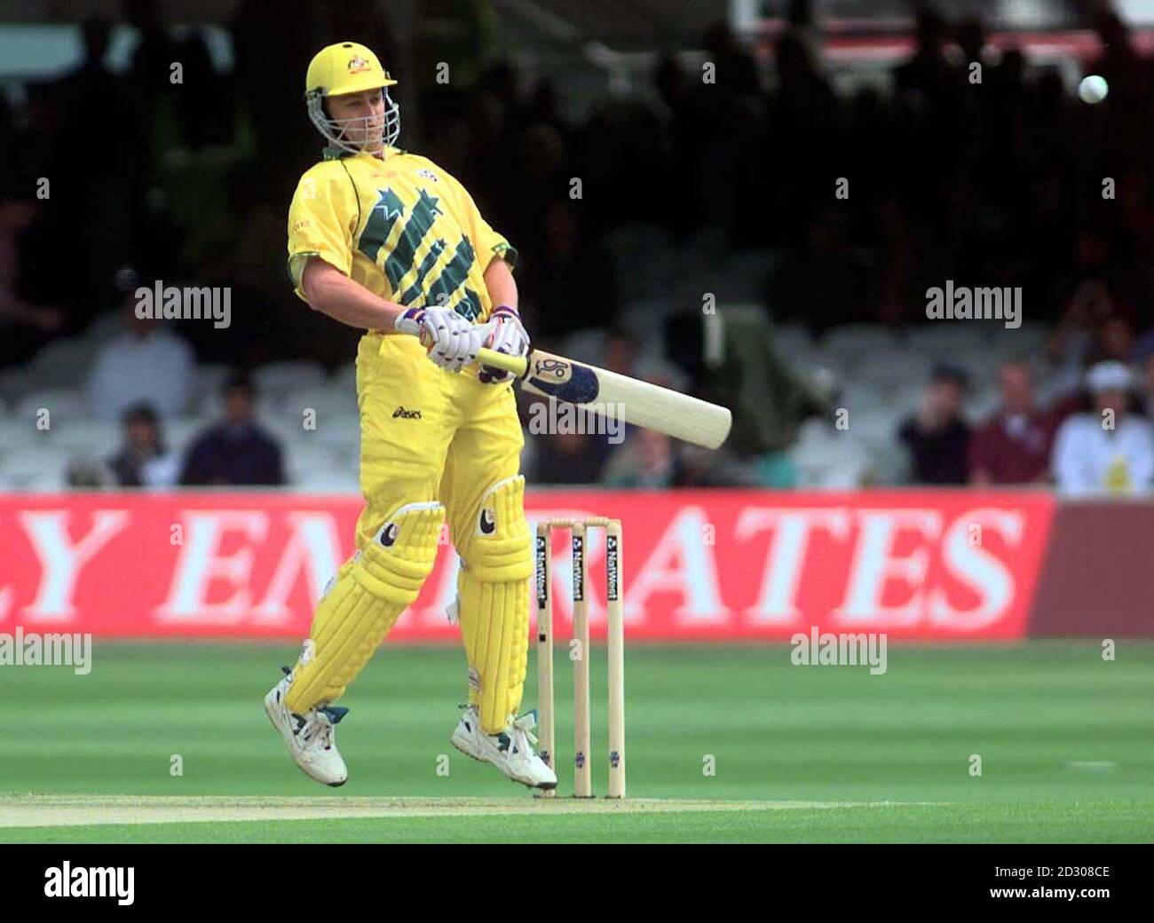 Australian opening batsman Adam Gilchrist, looks uneasy at the crease