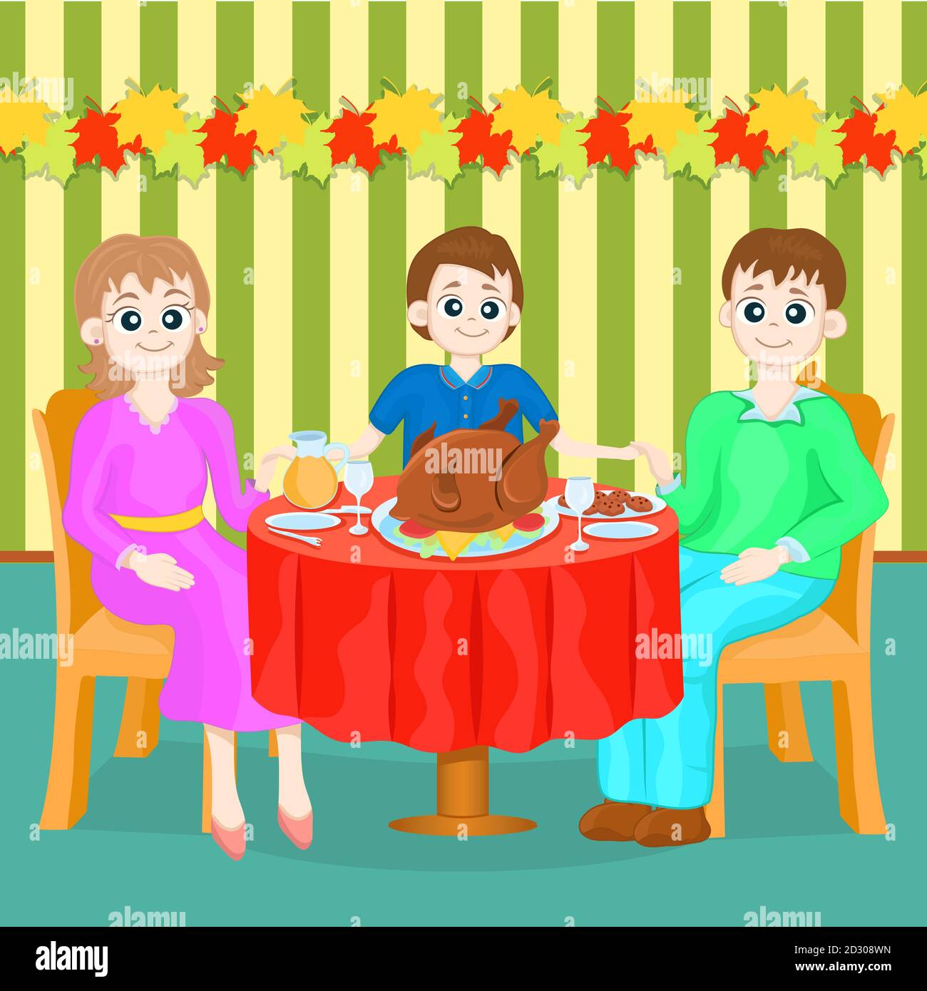 Thanksgiving Family Gala Dinner, colorful cartoon hand drawing. Mom, dad  and son are sitting behind a table covered with festive treats and turkey  Stock Vector Image & Art - Alamy