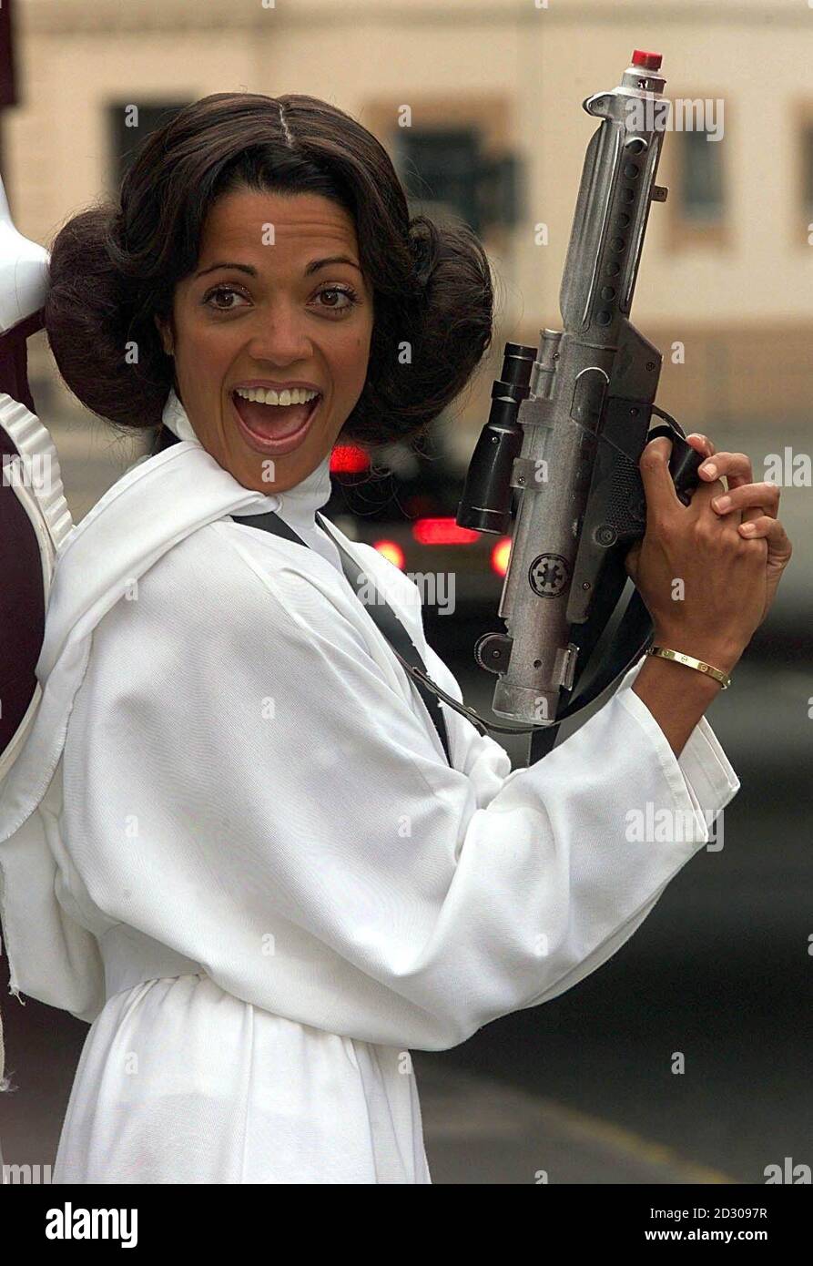 TV presenter Jenny Powell, dressed as Princess Leia from Star Wars, at the launch of the Kellogs Star Wars roadshow, which started in Manchester before heading off on a European tour. Stock Photo