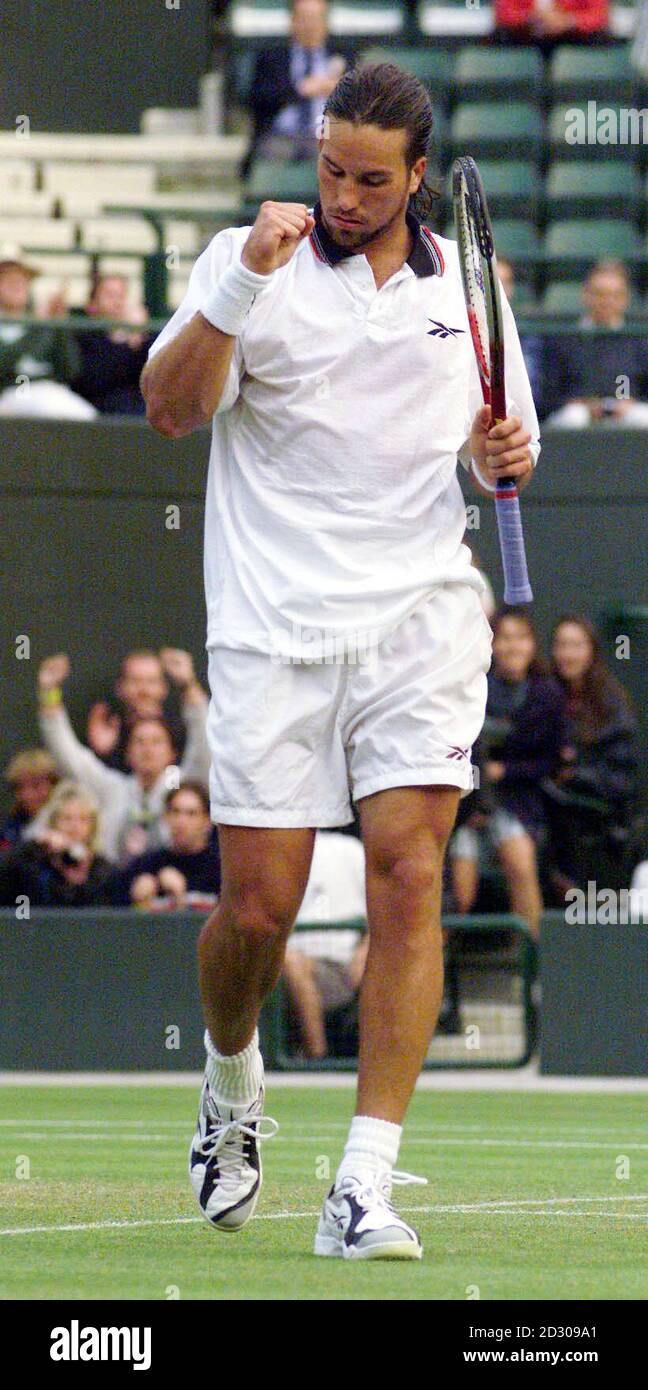 Australia's Pat Rafter reacts after defeating Sweden's Jonas Bjorkman, 6-2 7-6 6-7 6-2, on Court One, at the Wimbledon tennis Championships, London. Stock Photo