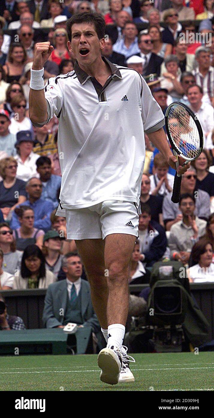 No Commercial Use: Tim Henman celebrates after defeating American Jim Courier  4-6  7-5  7-5  6-7  9-7  at the Wimbledon Tennis Championships. Stock Photo