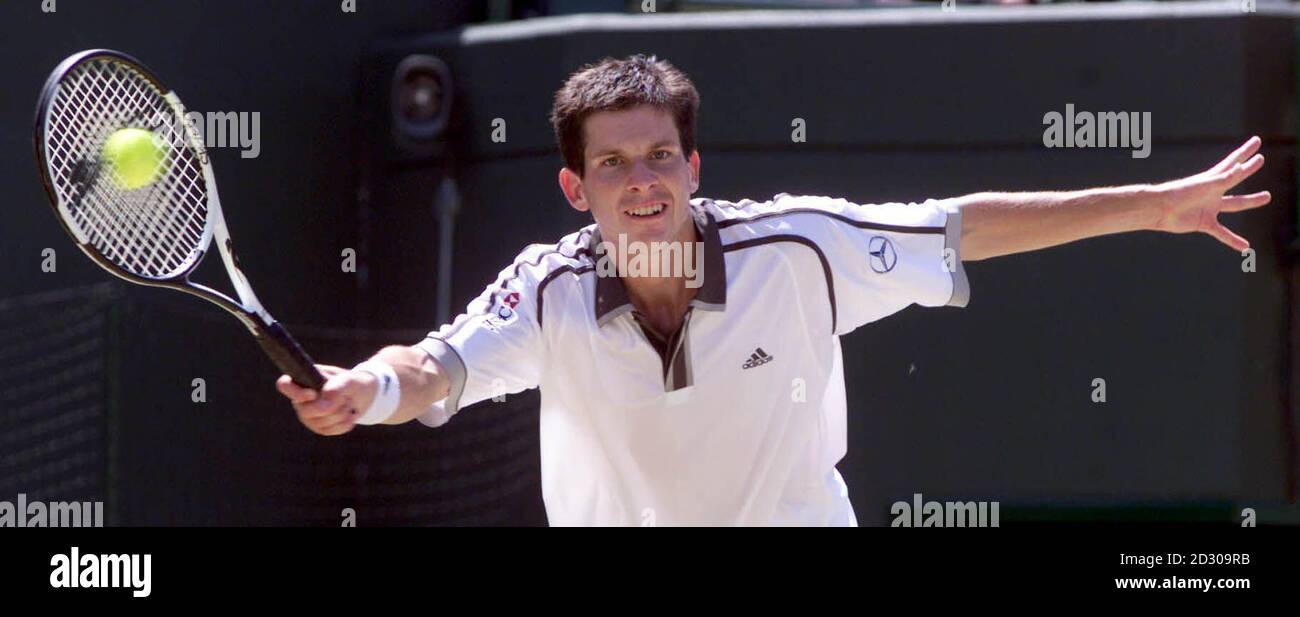 No Commercial Use: British tennis star Tim Henman in action during his quarter final match against Cedric Pioline of France at Wimbledon. Stock Photo
