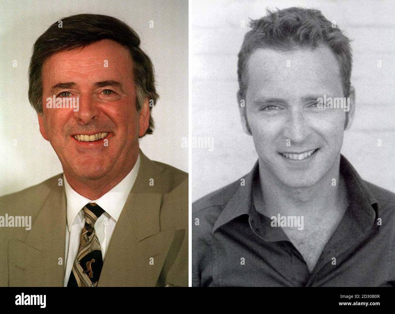 Terry Wogan (L) and his son Mark.  Terry Wogan, a veteran of British radio broadcasting, was facing a new rival his son.  Terry, 60, will be pitched against 28 year old Mark when they present flagship breakfast radio programmes on rival stations.   * Mark will host the 7-10am breakfast show on Liberty Radio, as stand-in for regular holiday presenter Toby Anstis, while Terry presents Wake Up to Wogan on Radio 2 from 7.30-9.15am. Stock Photo