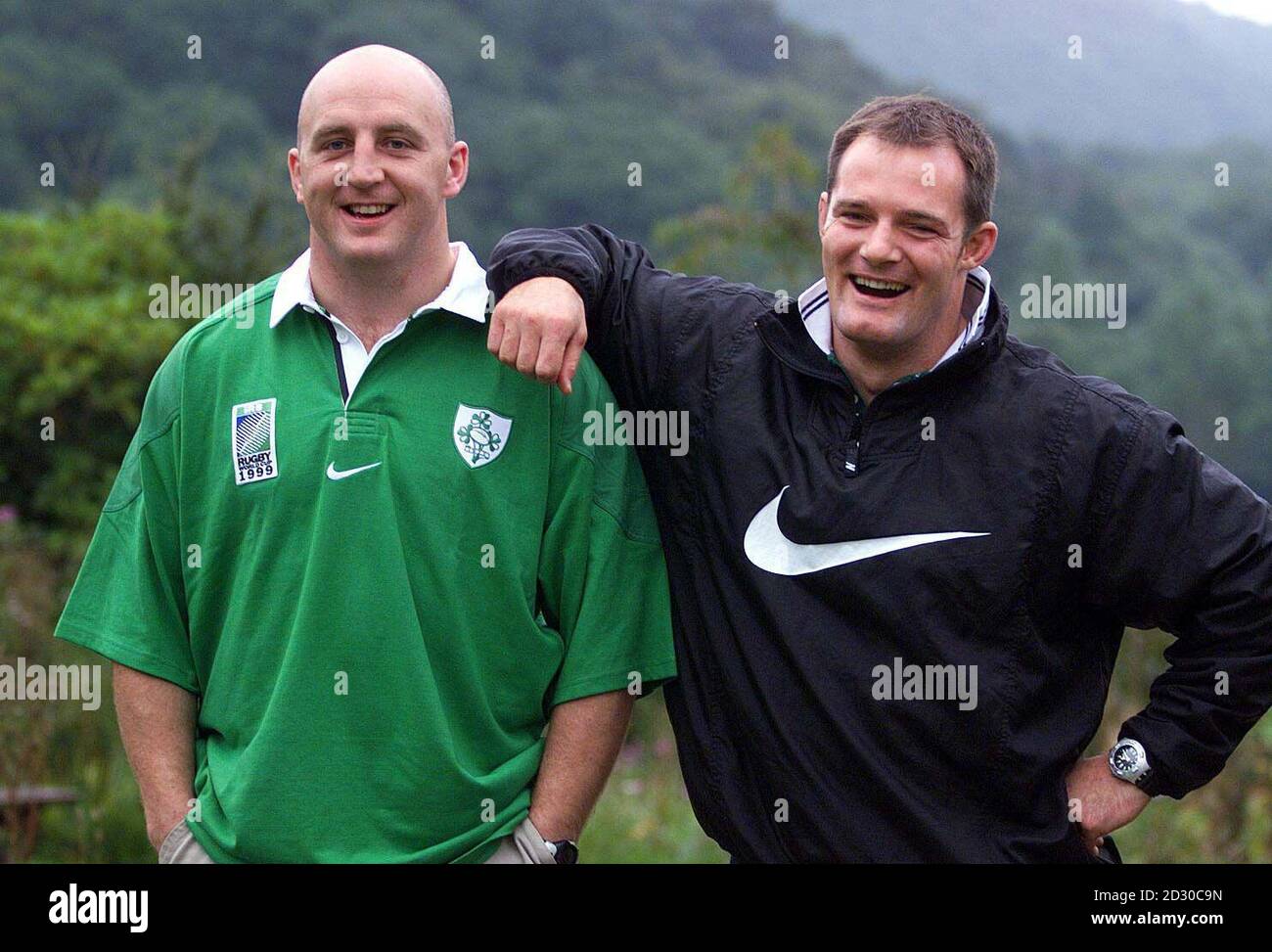 Rugby player Keith Woods (left) trying out the new Ireland Rugby World Cup strip with team mate Ross Nesdale, in advance of Ireland taking on Argentina in a friendly this Saturday at Lansdowne Road, Dublin.  Stock Photo