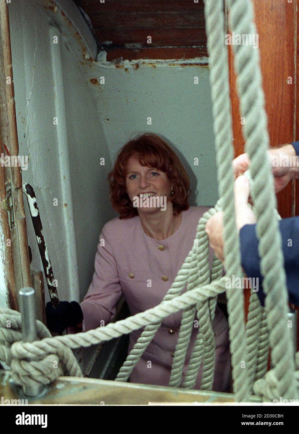 The Duchess of York going below decks on board the training ship, Sir Winston Churchill during her visit to the Albert dock in Hull. Stock Photo