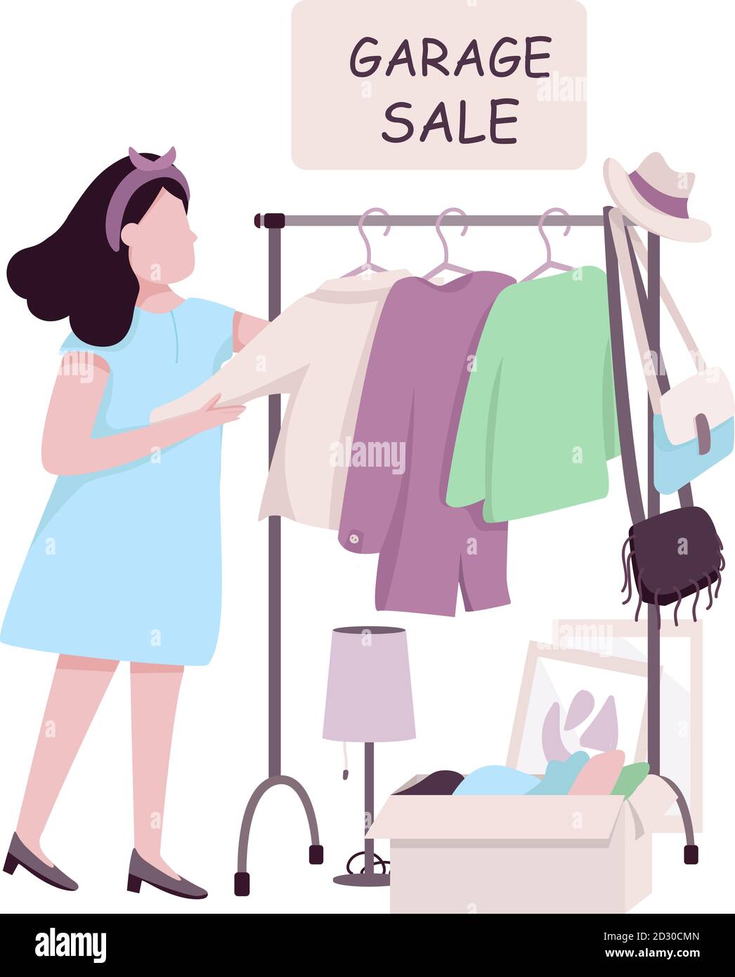 Woman buying at garage sale flat color vector faceless character. Caucasian  girl choosing second hand clothing, making purchases isolated cartoon Stock  Vector Image & Art - Alamy