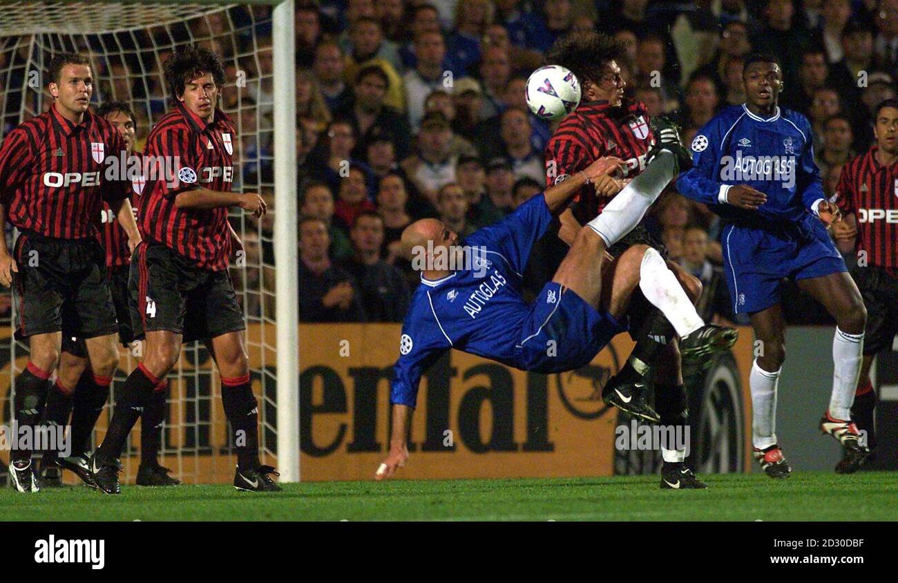 This picture can only be used within the context of an editorial feature.  Chelsea's Frank Leboeuf attempts a scissors kick during an UEFA Champions League football match against AC Milan at Stamford Bridge. Stock Photo