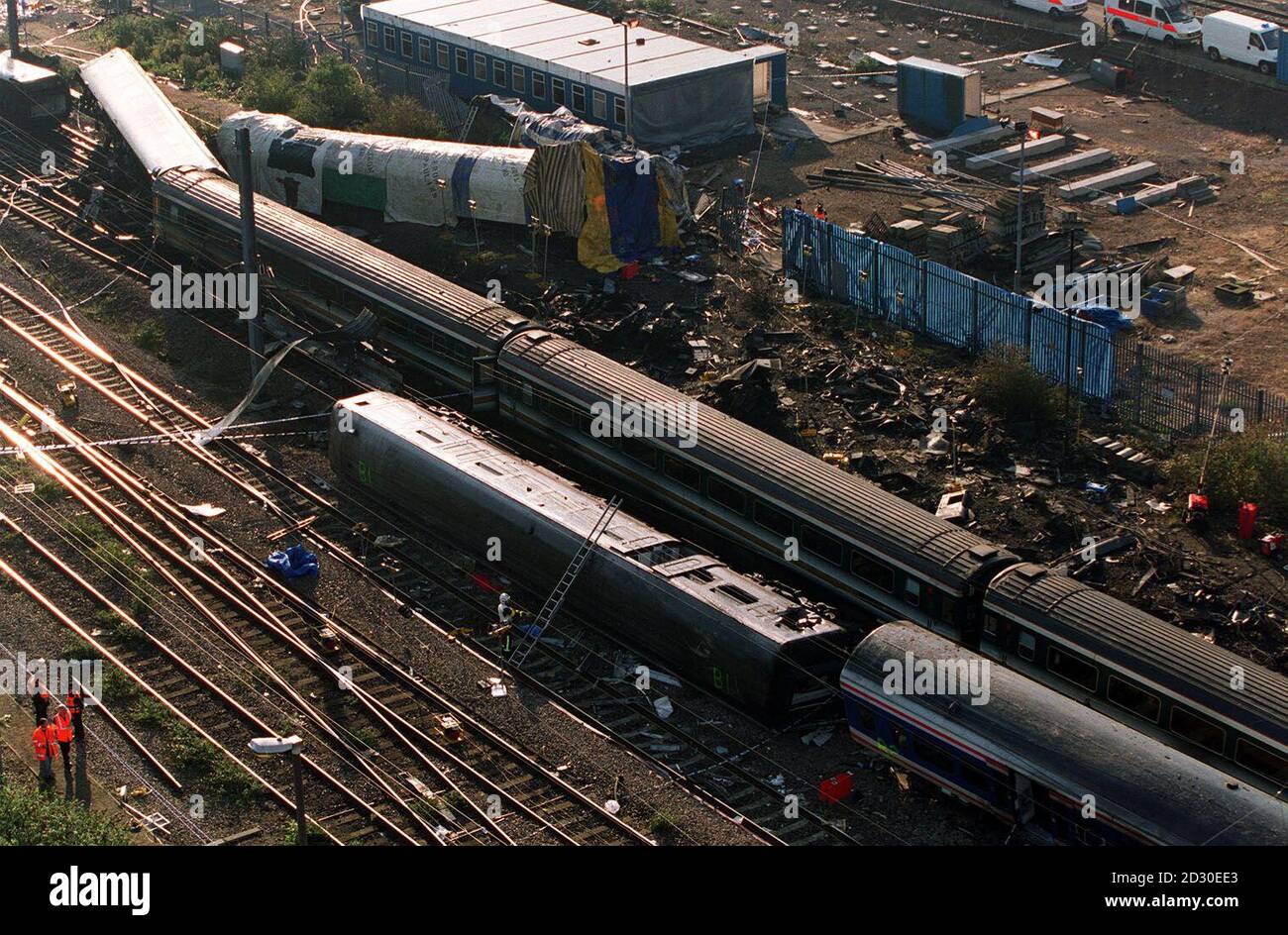 An aerial view of the crash wreckage of two crash trains near Paddington Station, west London. The trains collided in the morning of 5/10/99, and by nightfall police confirmed that 26 people had died. Stock Photo