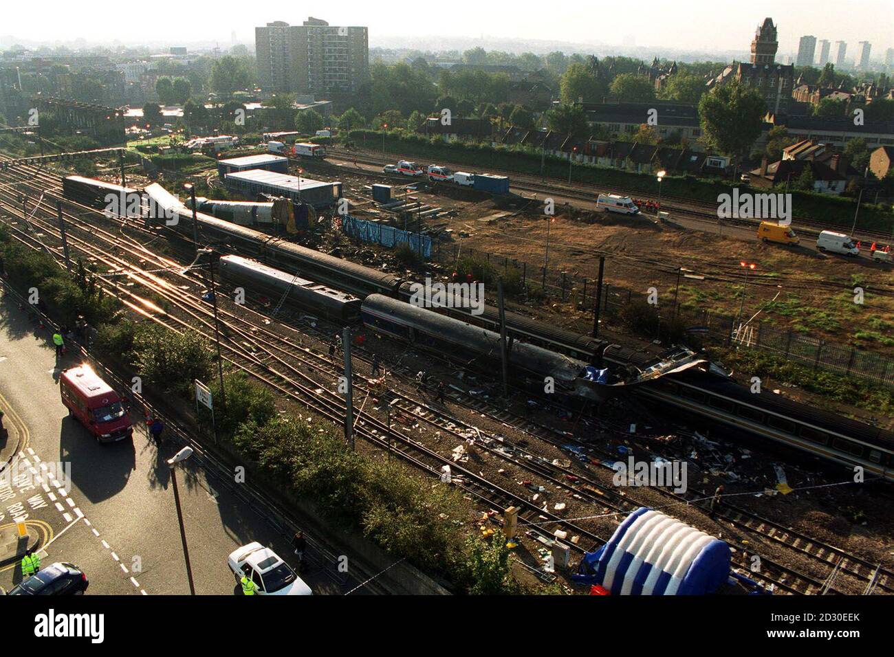 An aerial view of the crash wreckage showing the two trains near Paddington Station, west London, that collided on the morning of 5/10/99, and by nightfall police confirmed that 26 people had died.   Stock Photo