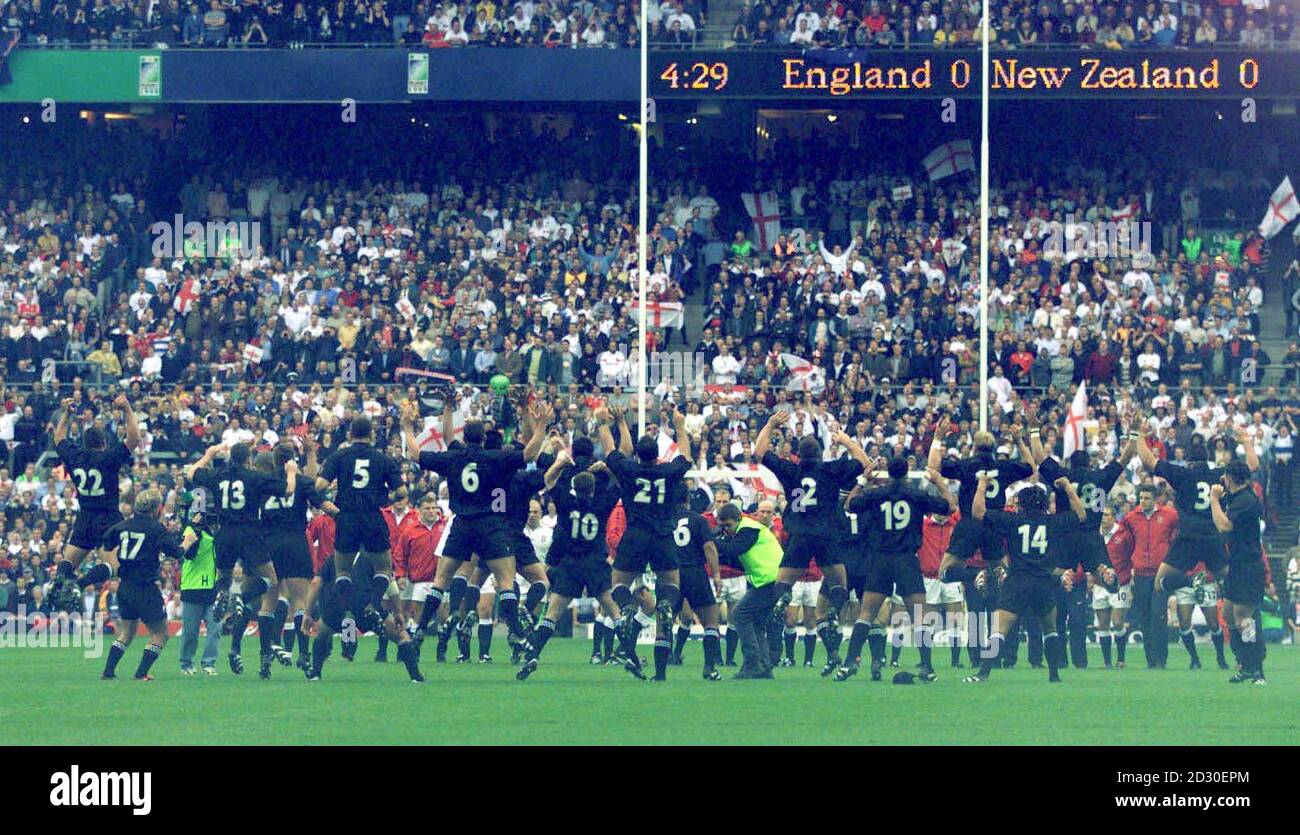 New Zealand perform their traditional Haka, before the World Cup match with England, at the Twickenham Rugby ground, London. Stock Photo