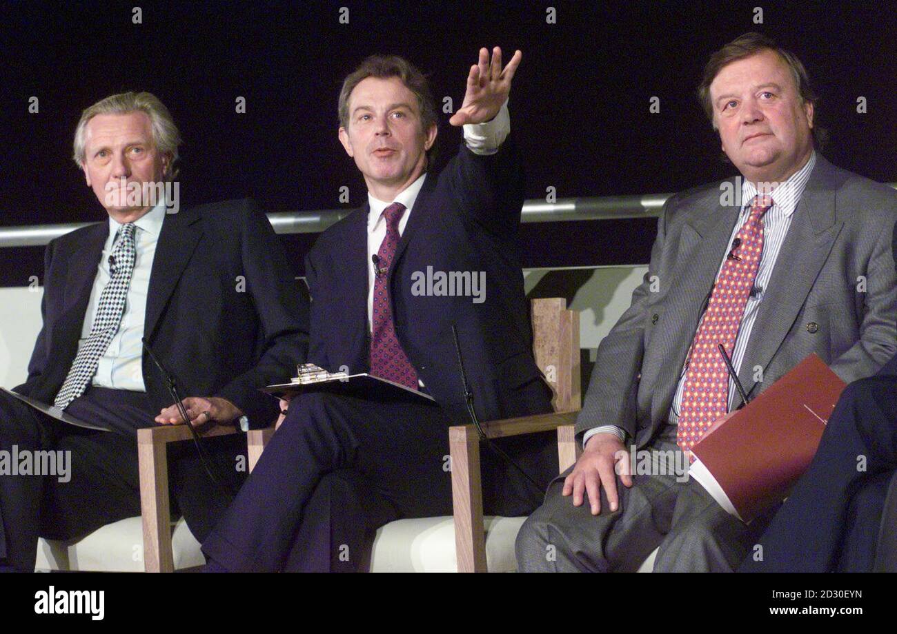 Prime Minister Tony Blair Centre Sits Side By Side With Senior Tories Ken Clarke Right And Michael Heseltine At The Launch Of The New Cross Party Britain In Europe Campaign At Waterloo London The