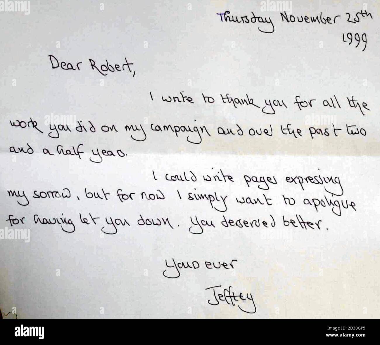 A letter of apology written by Lord Archer to Robert Halfon at his home in Grantchester, Cambridgeshire. Lord Archer resigned as Conservative London mayoral candidate  after admitting he persuaded a friend to fabricate an alibi for him during his libel case.  Stock Photo