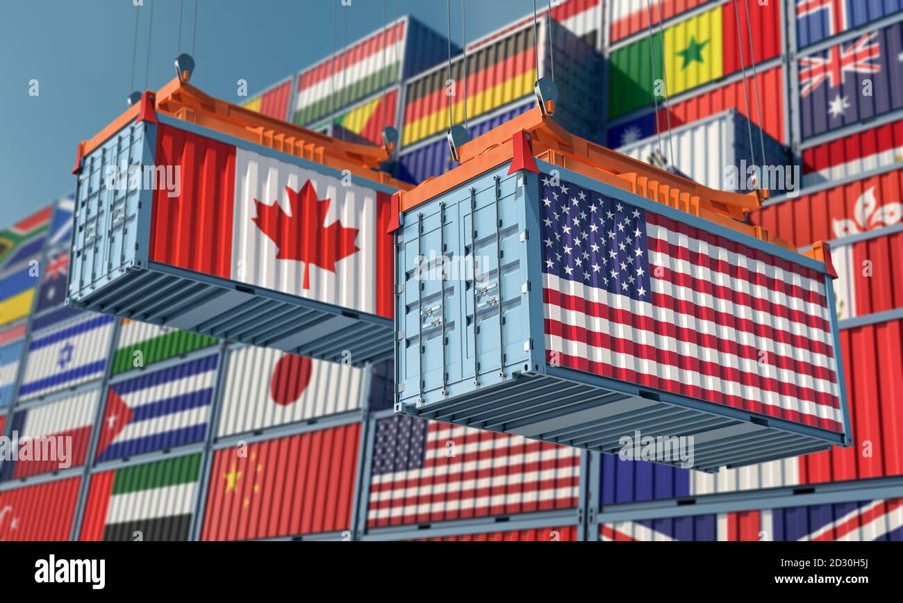 Freight containers with USA and Canada national flags. 3D Rendering Stock Photo