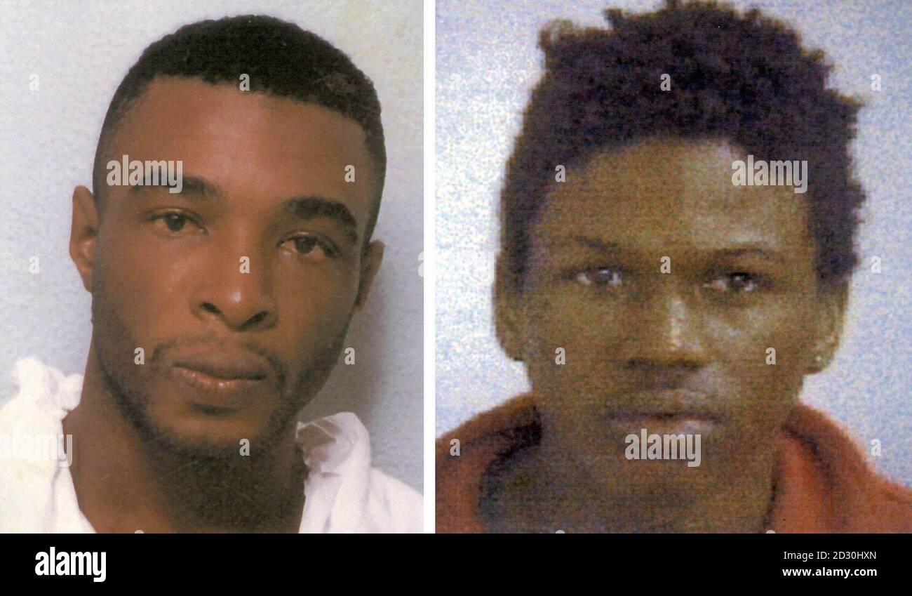 Police collect photos of (L-R) Jamaican nationals Hyrone Hart, 28 and Kurt Roberts,19, who were jailed for life 21/12/99 at the Old Bailey in London, for the killing of DJ Avril Johnson who was shot dead in front of her two children. * Common Serjeant of London Judge ordered Hart to be jailed for life for the murder of Mrs Johnson, 30, known as DJ Miss Irie, at her south London home in June, last year, and Roberts to be detained in youth custody for life. The pair had been found guilty by a jury of a series of charges including the attempted murder of Mrs Johnson s husband Kirk, the attempte Stock Photo