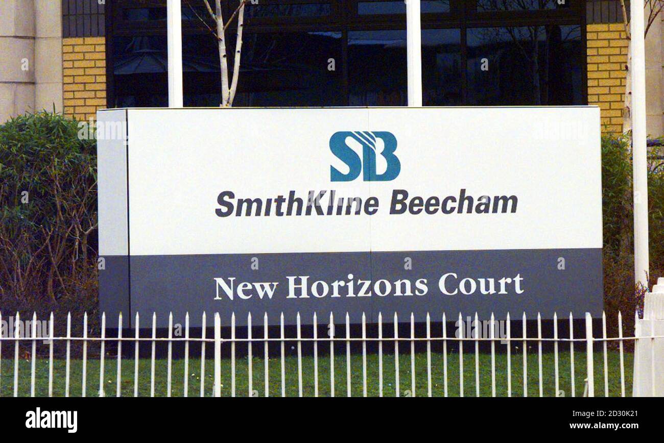 The sign at the SmithKline Beecham offices in  Brentford, as the two drugs giants Glaxo-Wellcome and SmithKline Beecham announced they had agreed terms for a merger to form Glaxo-SmithKline.   * The merger will create the world's leading research-based pharmaceutical company. The combined group will have a value of around   114 billion and will be one of Europe's largest companies by stock market value. Stock Photo