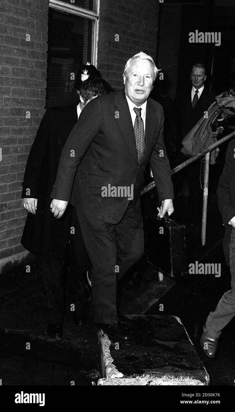 Former Conservative Prime Minister Mr Edward Heath at Heathrow Airport when he returned to Britian after cutting short a visit to China. Mr Heath refused to comment on the  Falklands crisis. Stock Photo