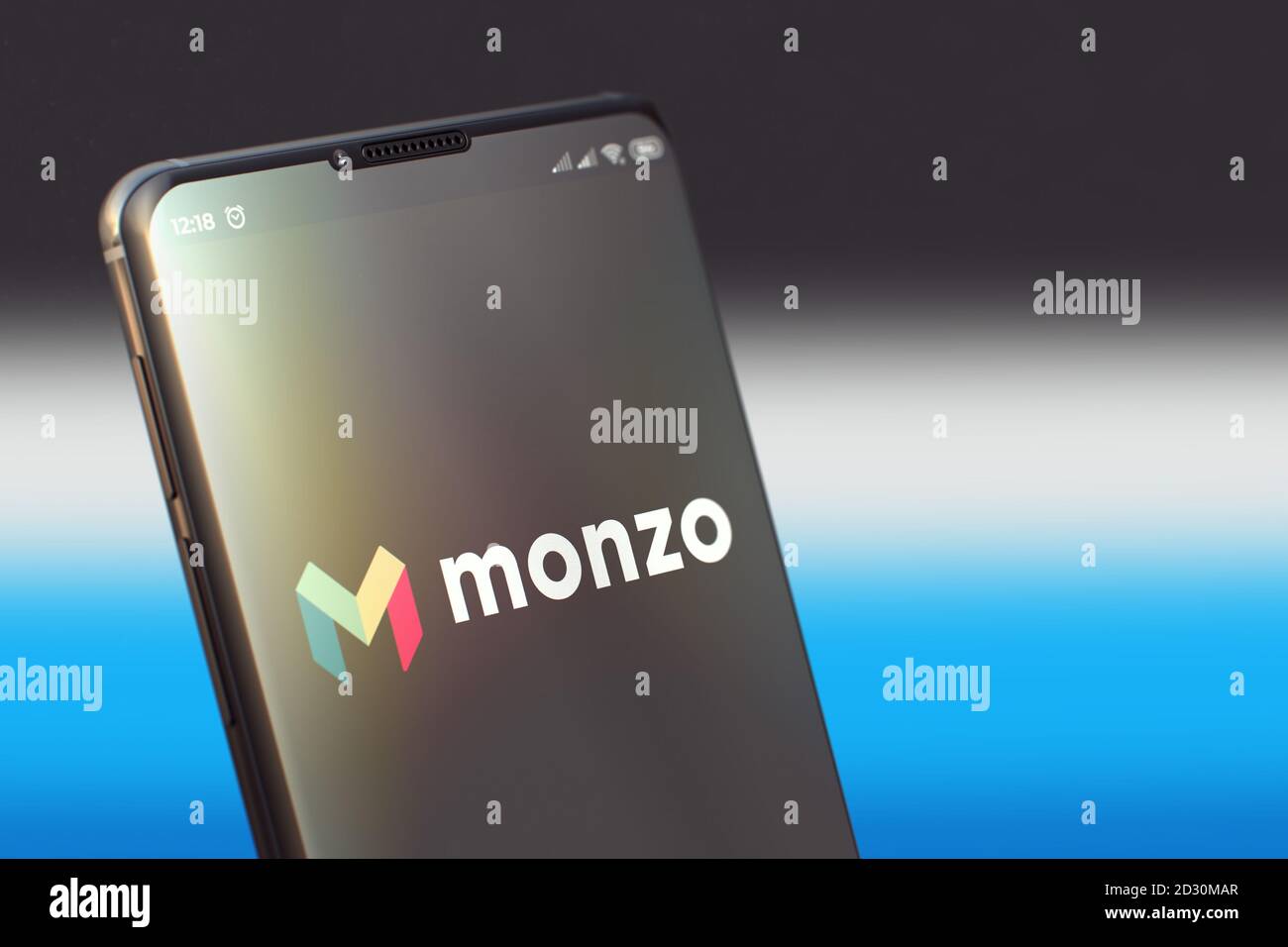 KYIV, UKRAINE-JUNE, 2020: Monzo Mobile Application on the Mobile Phone Screen. CloseUp Studio Shot of Smartphone with Monzo Application. Stock Photo