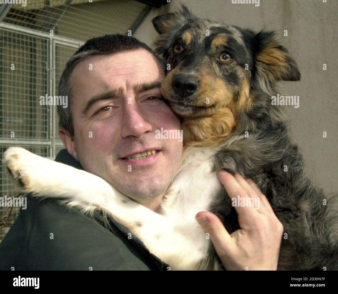 Chris Pritchard from Leicester with Gemma, who has spent 6 months in quarantine at the Arden Grange Kennels, in West Sussex. Gemma from the RAPID UK Search and Rescue helped save lives with Chris, after an earthquake hit western Turkey in August 1999. Stock Photo