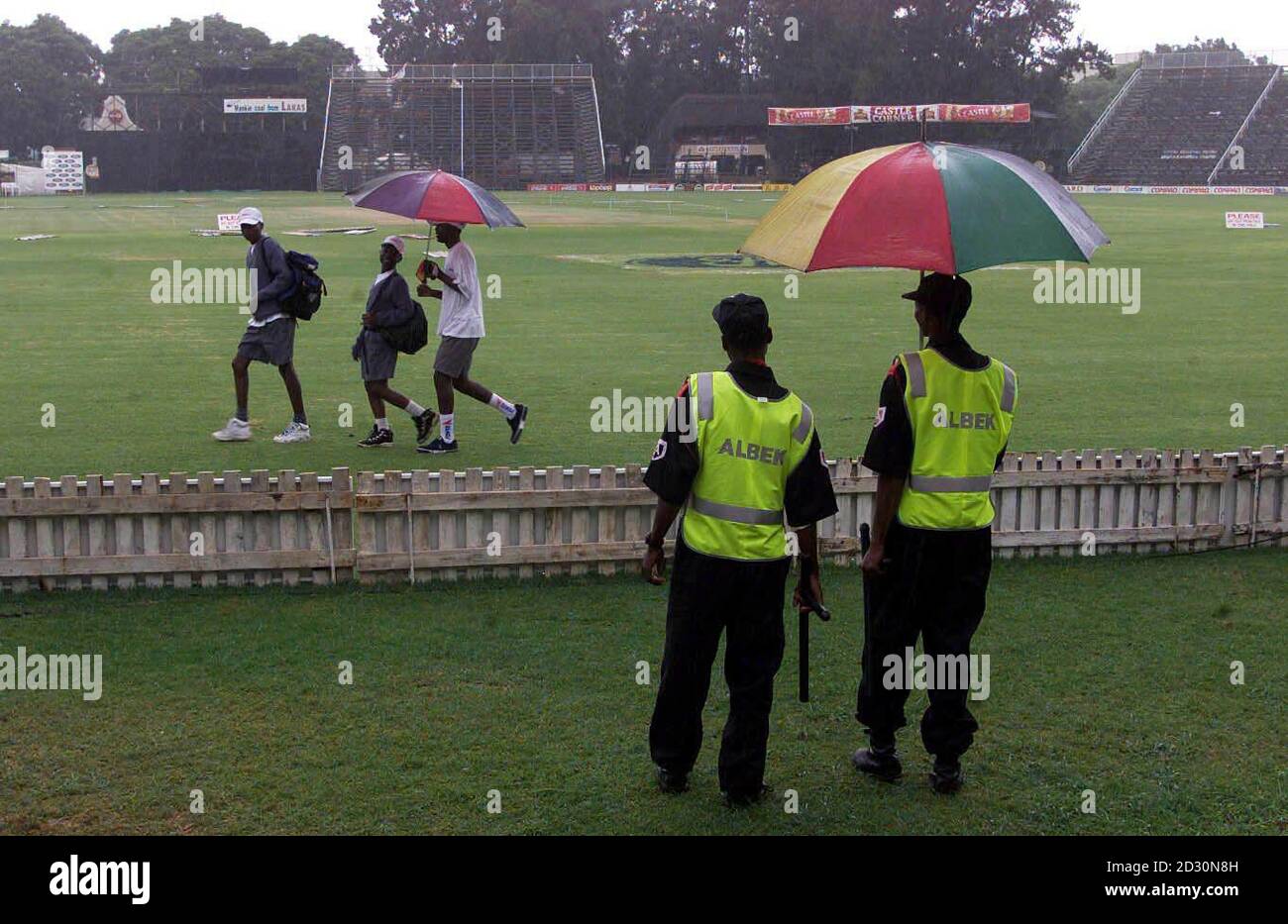 The Harare Sports Club cricket ground, Zimbabwe, with security guards